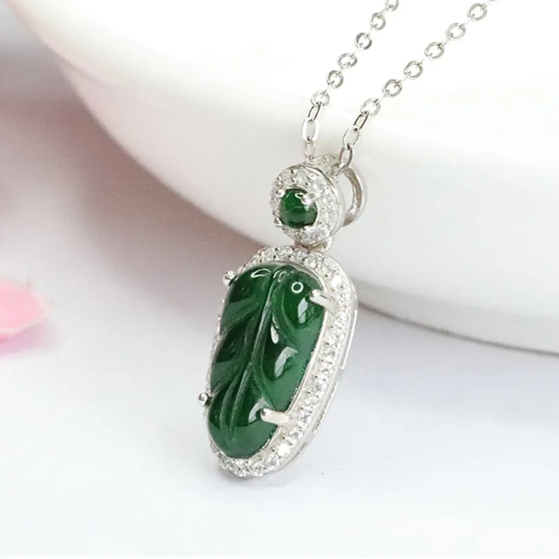 S925 Silver Natural Jade Leaf Pendant Emperor Green Jade Zircon Necklace