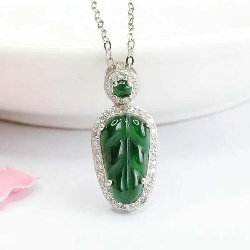 S925 Silver Natural Jade Leaf Pendant Emperor Green Jade Zircon Necklace