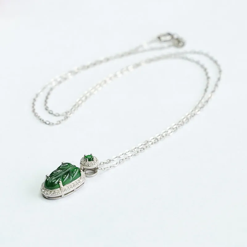 S925 Silver Natural Jade Leaf Pendant Emperor Green Jade Zircon Necklace