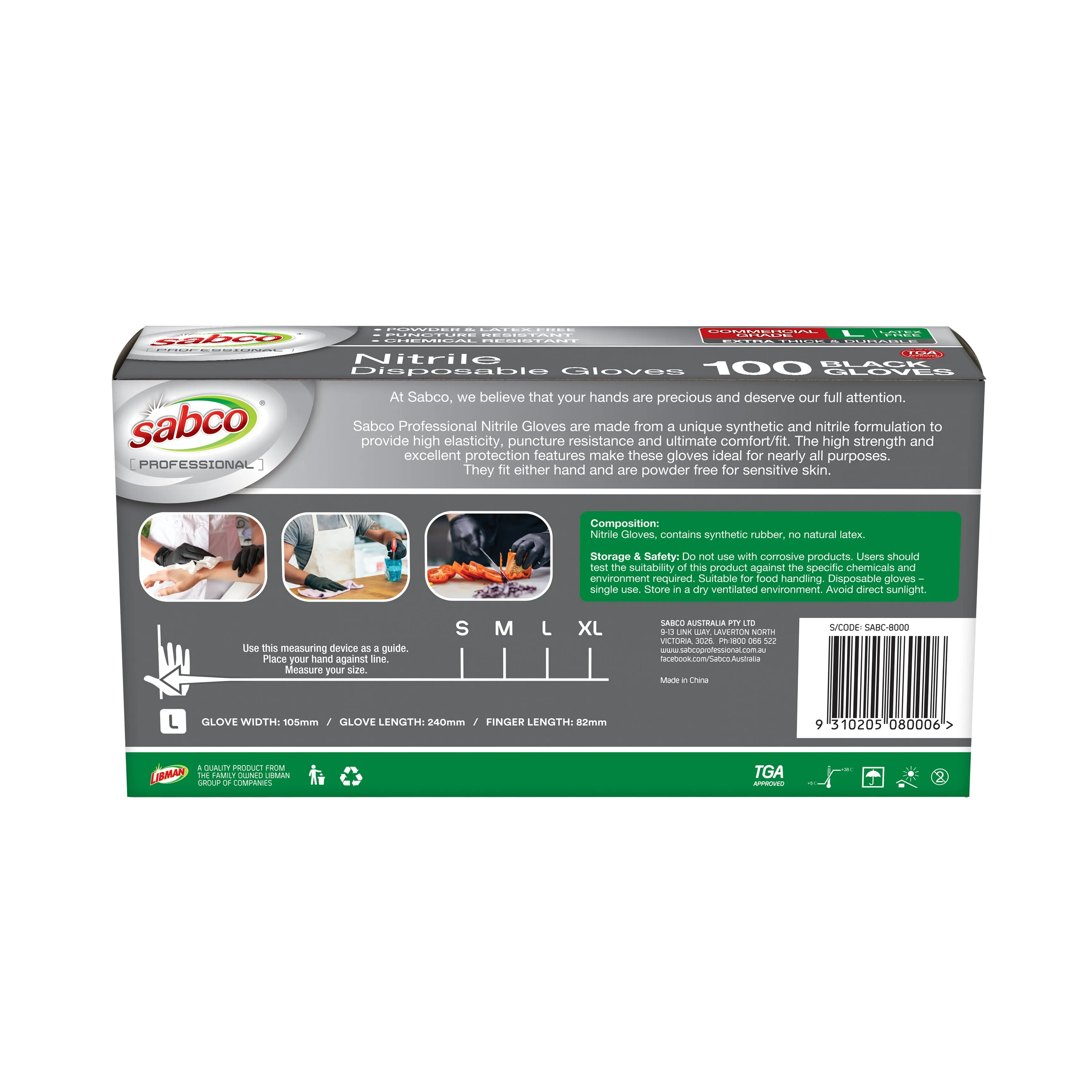 Sabco Nitrile Gloves Powder Free Large Black 100pcs