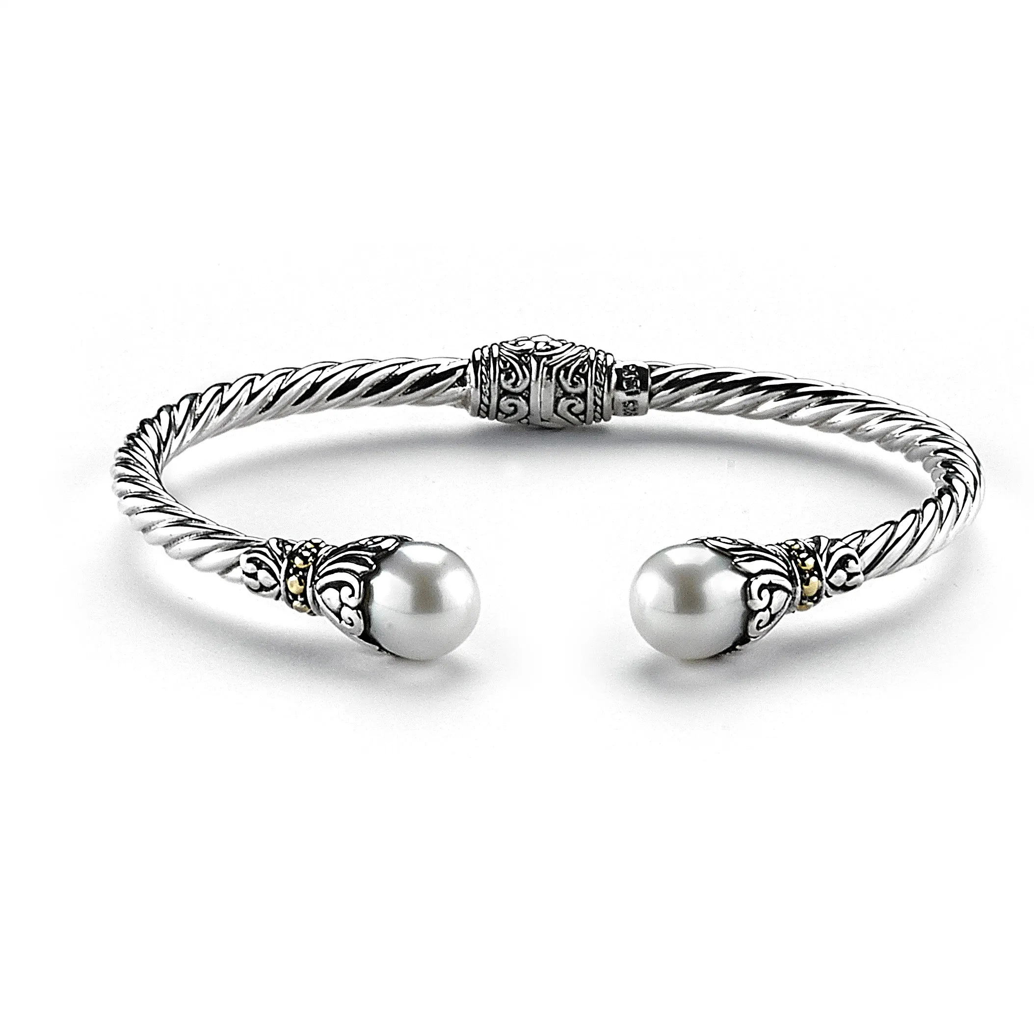 Samuel B. Sterling Silver and 18K Yellow Gold White Pearl Cable Bangle (96955)