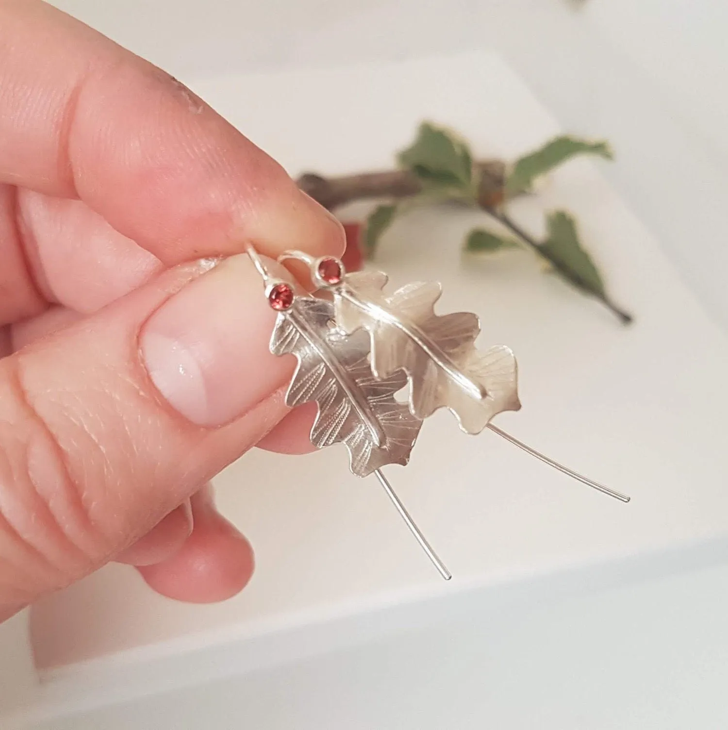 Silver Oak Leaf Drop Earrings, Oak Leaf Woodland Earrings, Elvish Earrings