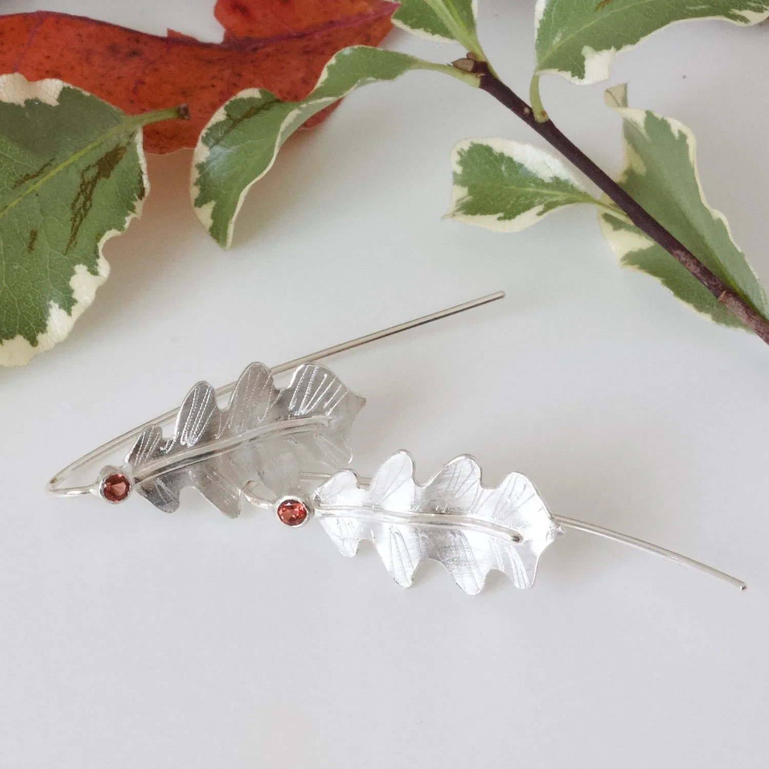 Silver Oak Leaf Drop Earrings, Oak Leaf Woodland Earrings, Elvish Earrings