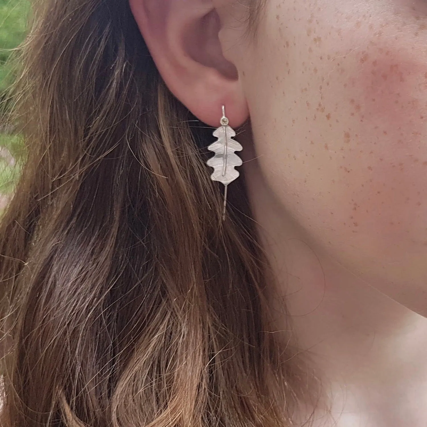 Silver Oak Leaf Drop Earrings, Oak Leaf Woodland Earrings, Elvish Earrings