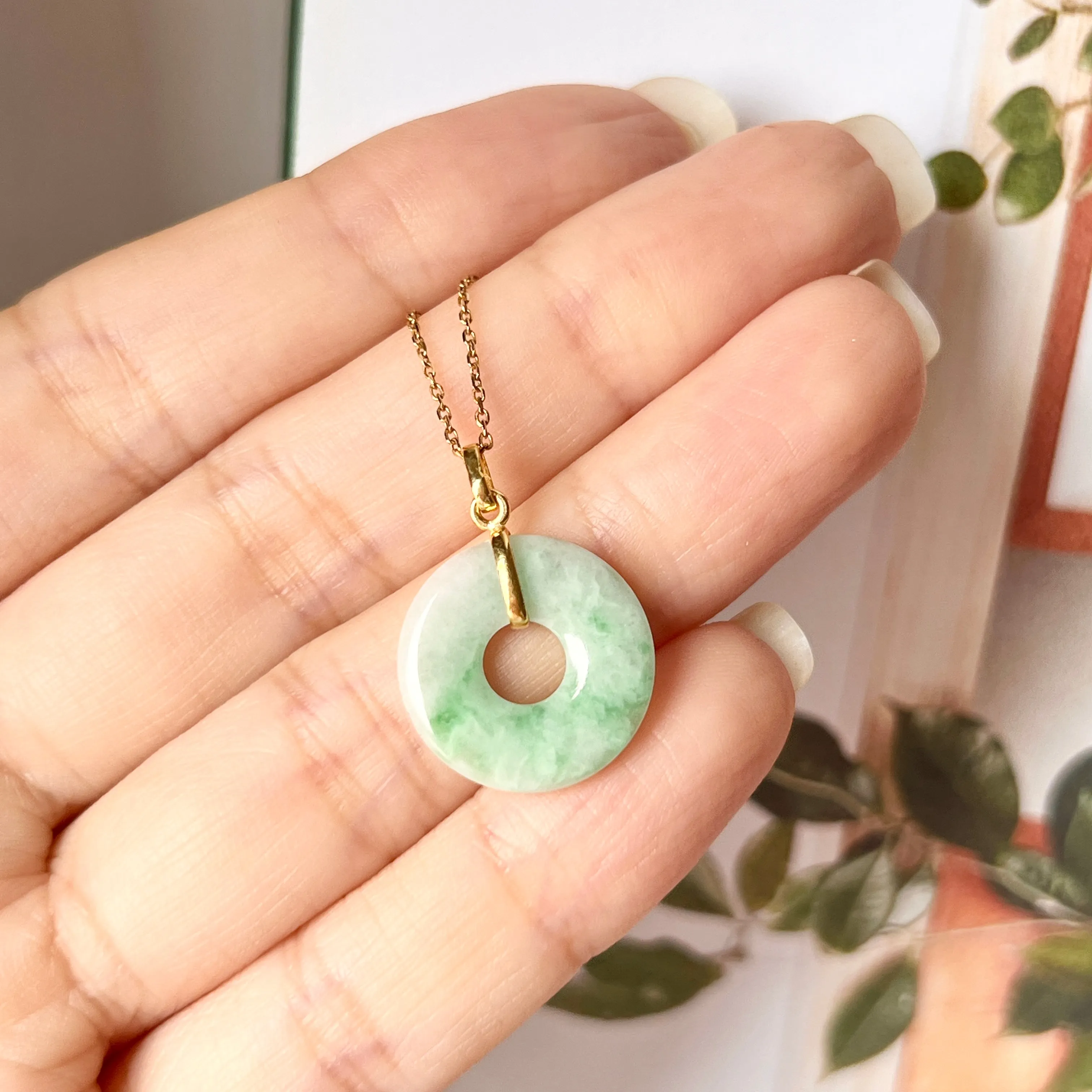SOLD OUT: A-Grade Natural Moss On Snow Jadeite Ancient Coin Donut Pendant No.172273