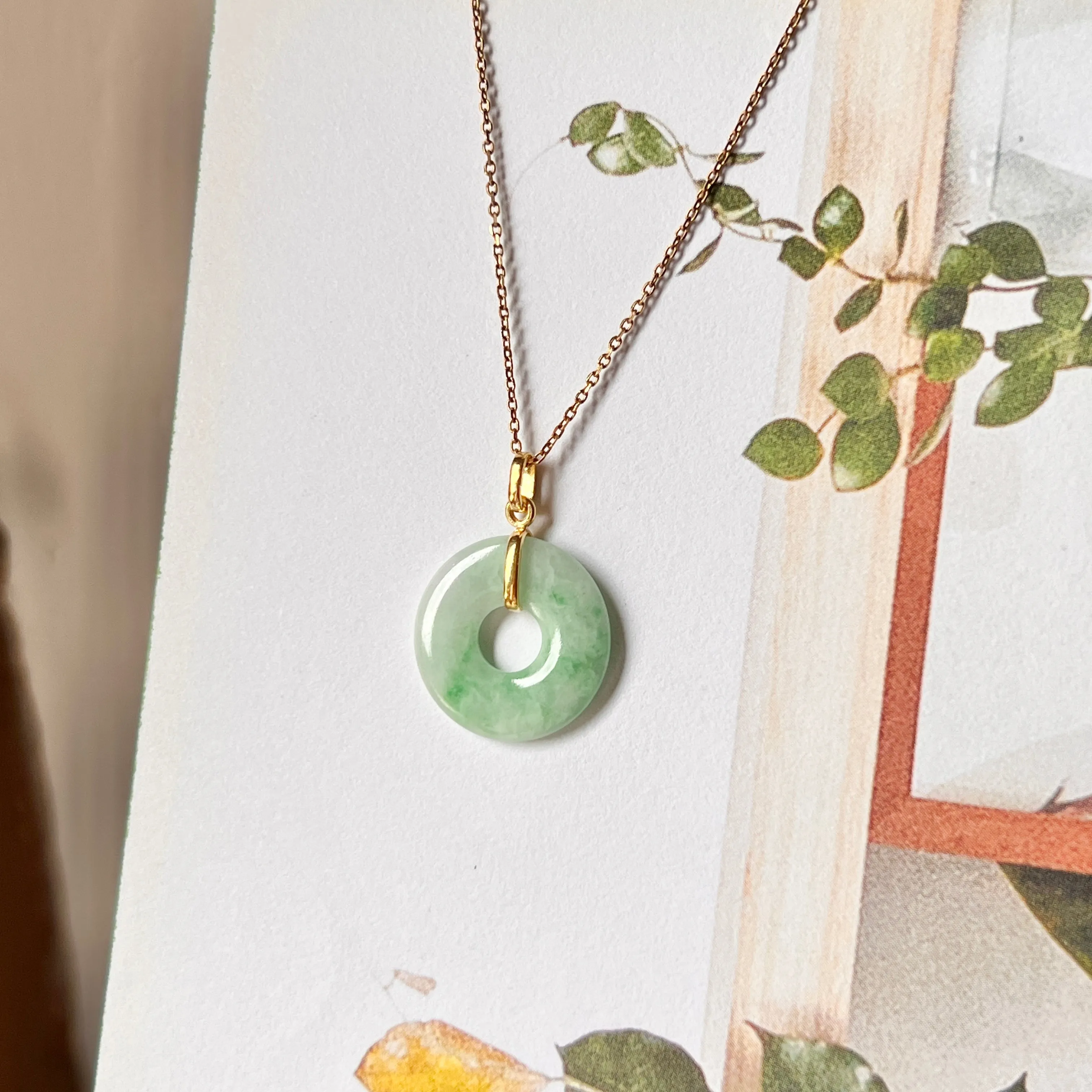 SOLD OUT: A-Grade Natural Moss On Snow Jadeite Ancient Coin Donut Pendant No.172273