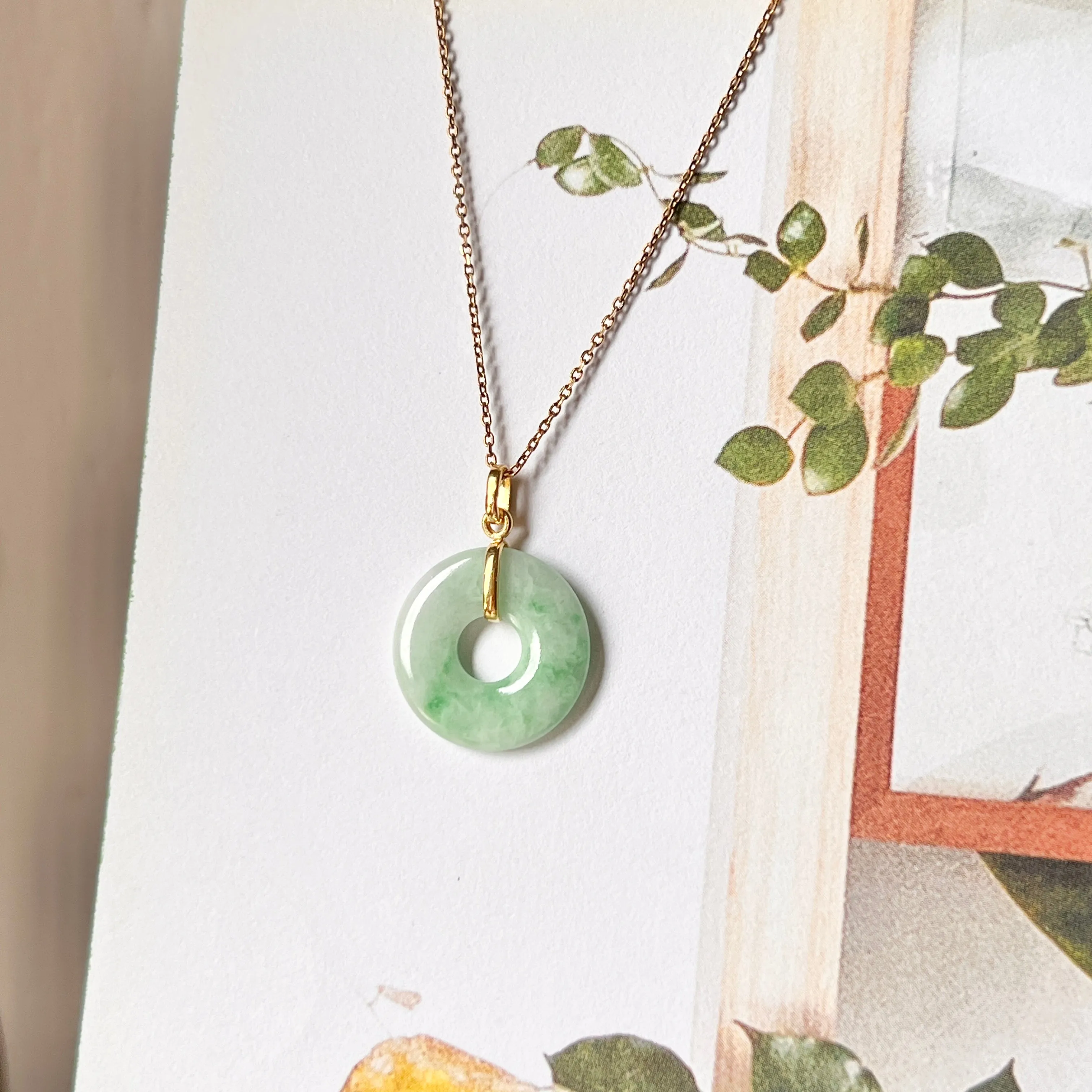SOLD OUT: A-Grade Natural Moss On Snow Jadeite Ancient Coin Donut Pendant No.172273