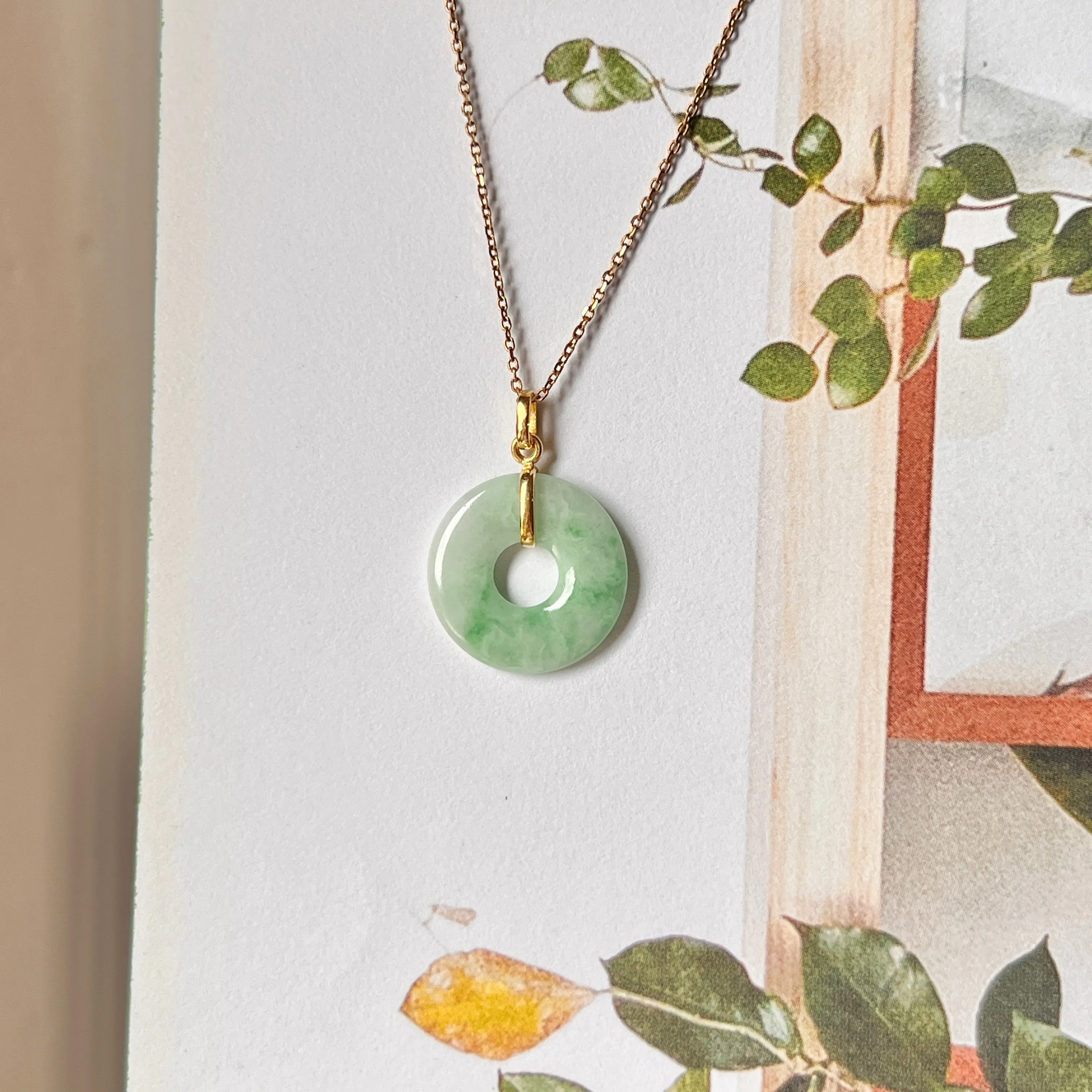 SOLD OUT: A-Grade Natural Moss On Snow Jadeite Ancient Coin Donut Pendant No.172273