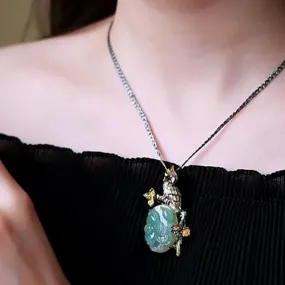 Solid Silver Parrot Necklace Pendant/Brooch with Natural Hand Carved Jade