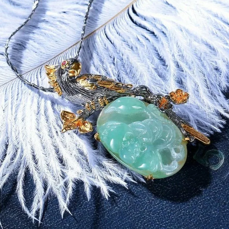 Solid Silver Parrot Necklace Pendant/Brooch with Natural Hand Carved Jade