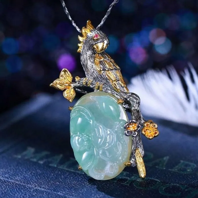Solid Silver Parrot Necklace Pendant/Brooch with Natural Hand Carved Jade