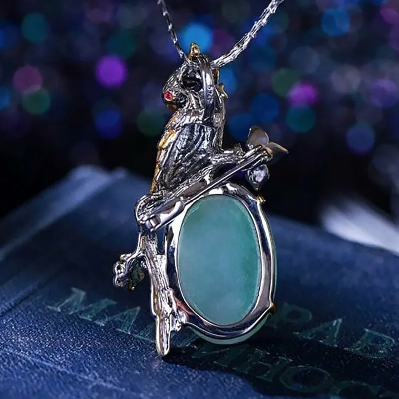 Solid Silver Parrot Necklace Pendant/Brooch with Natural Hand Carved Jade