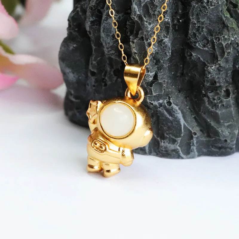 Sterling Silver Astronaut Necklace with Natural Hotan Jade