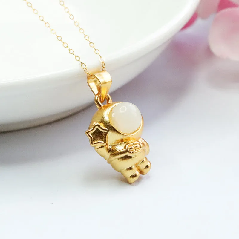 Sterling Silver Astronaut Necklace with Natural Hotan Jade