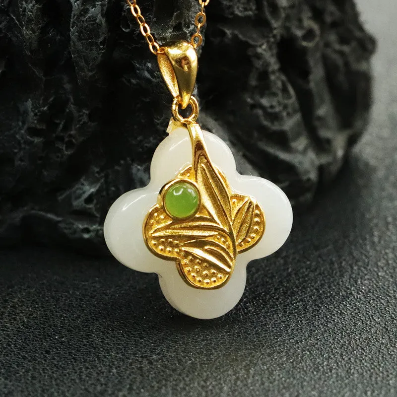 Sterling Silver Four Leaf Grass Hotan Jade Pendant Necklace