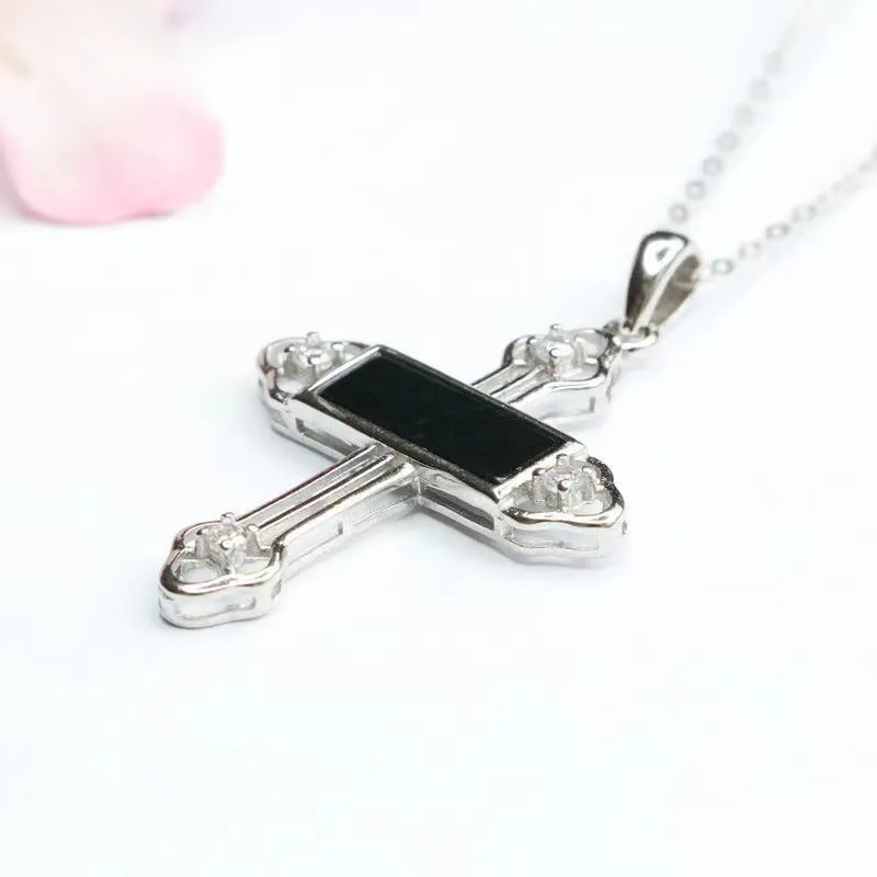 Sterling Silver Necklace with Blackish Green Jade Cross Pendant