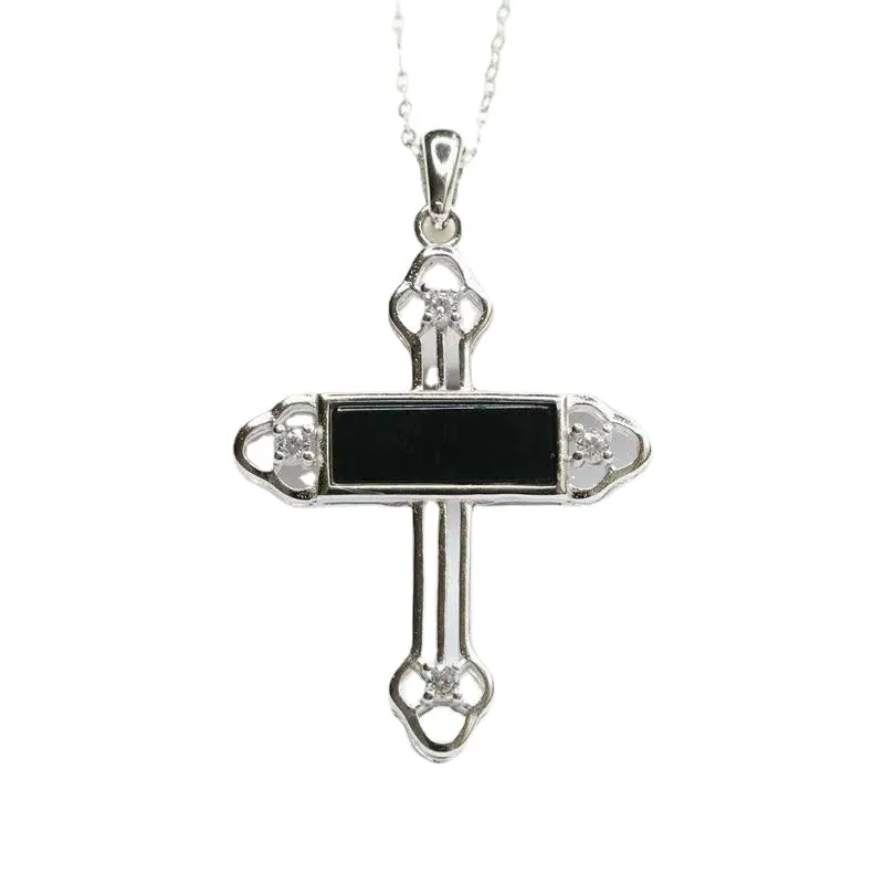 Sterling Silver Necklace with Blackish Green Jade Cross Pendant