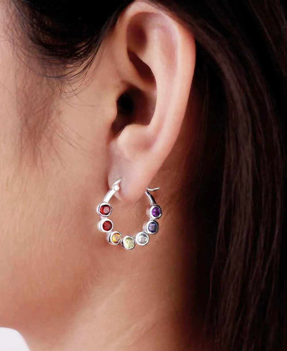 Sterling Silver Rainbow Gemstone Small Hoop Earrings