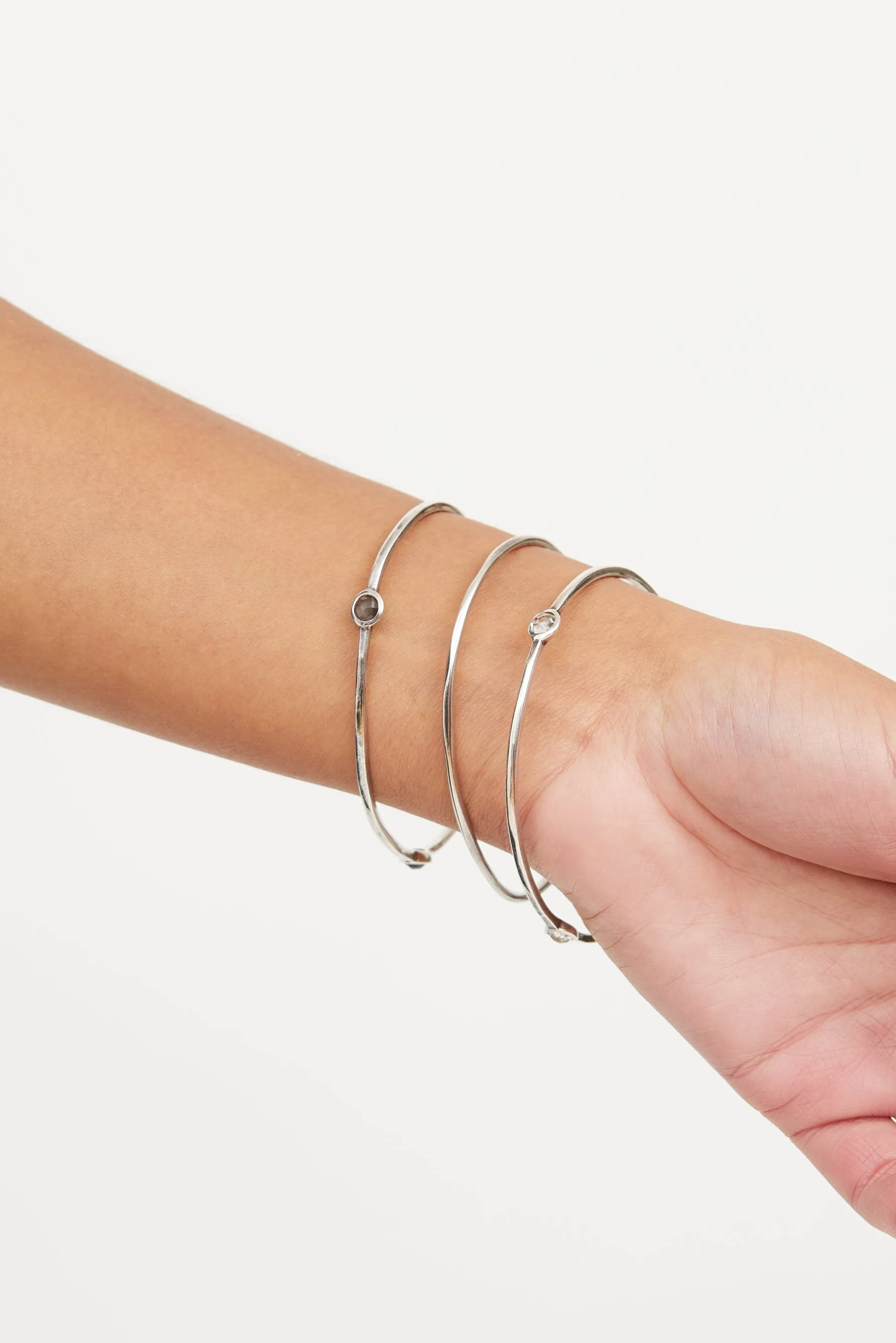 Sterling Silver Squiggle Three Stone Bangle Set