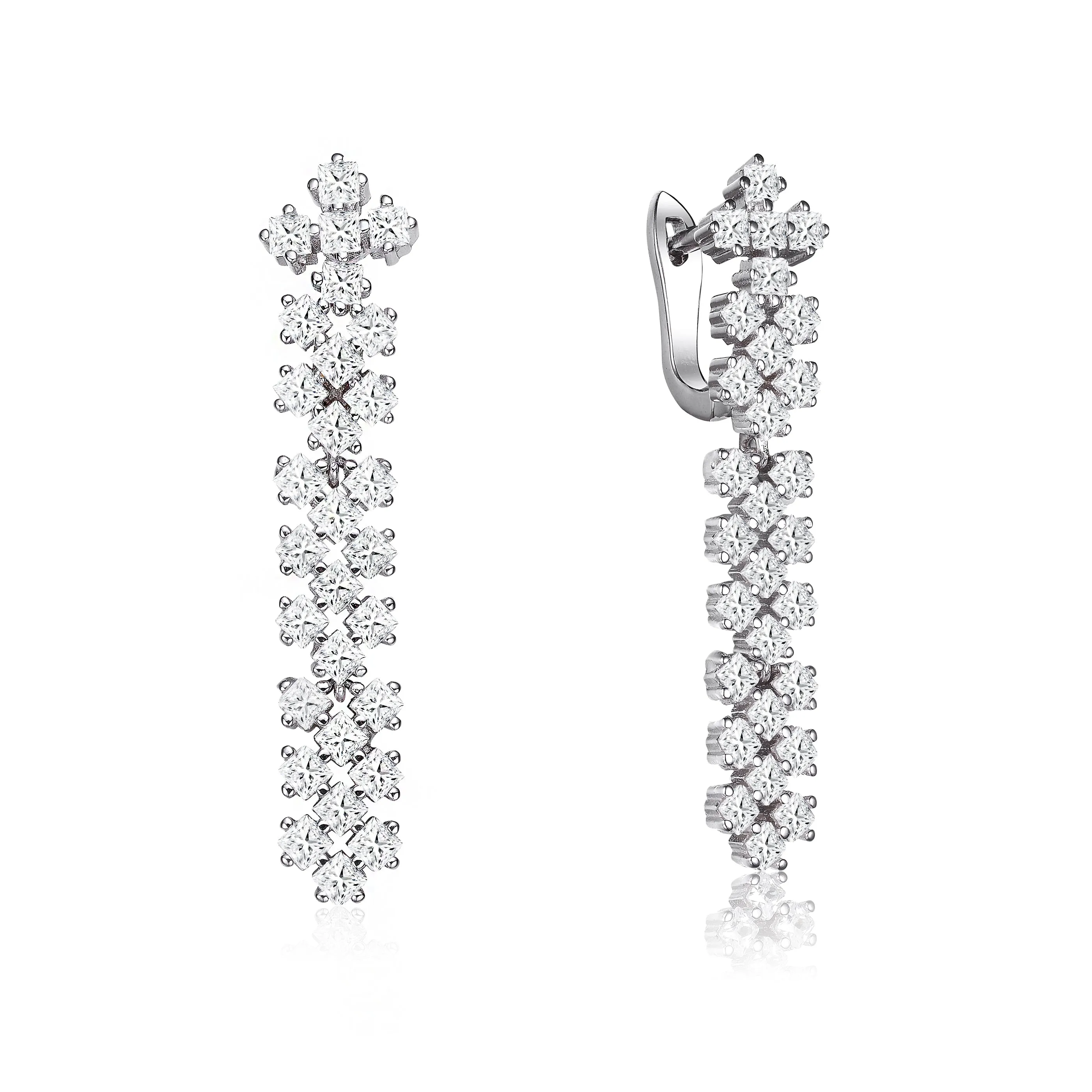 Sterling Silver with Rhodium Plated Clear Princess Cubic Zirconia Lattice Style Dangle Earrings