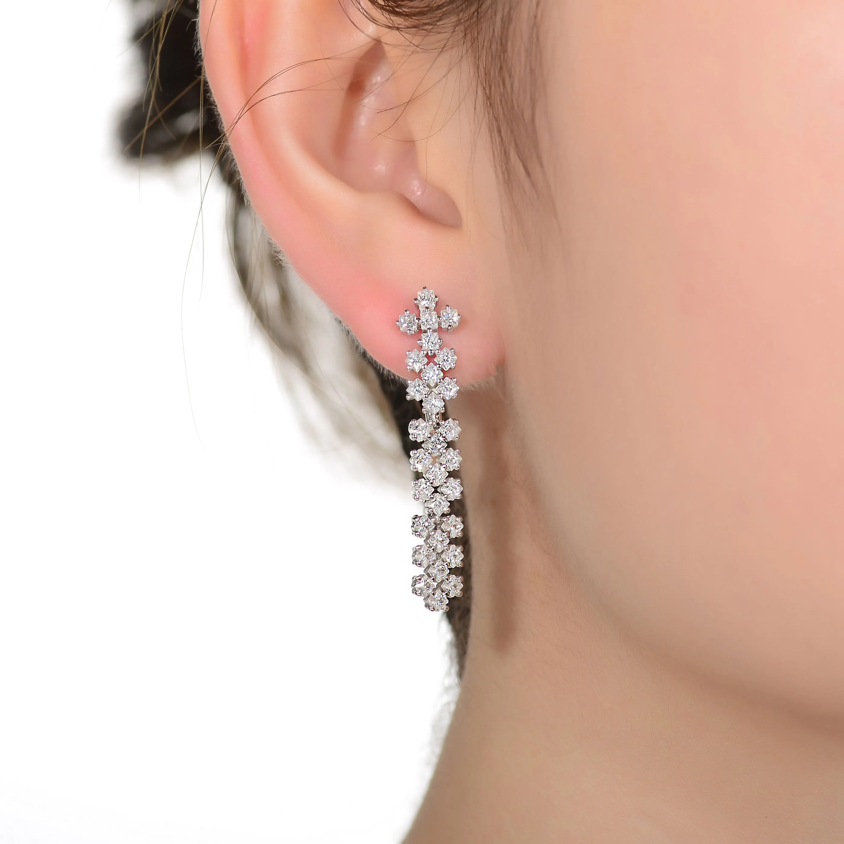 Sterling Silver with Rhodium Plated Clear Princess Cubic Zirconia Lattice Style Dangle Earrings