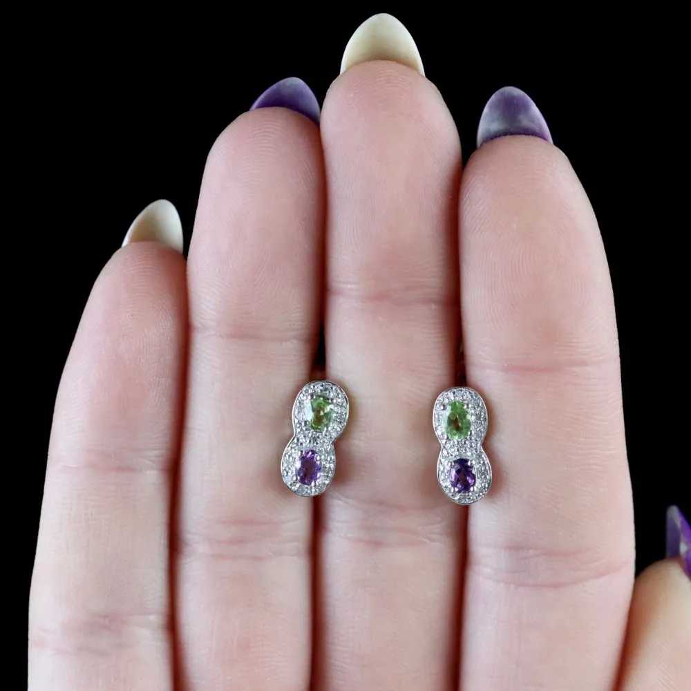 Suffragette Earrings 9Ct White Gold Amethyst Peridot Diamond