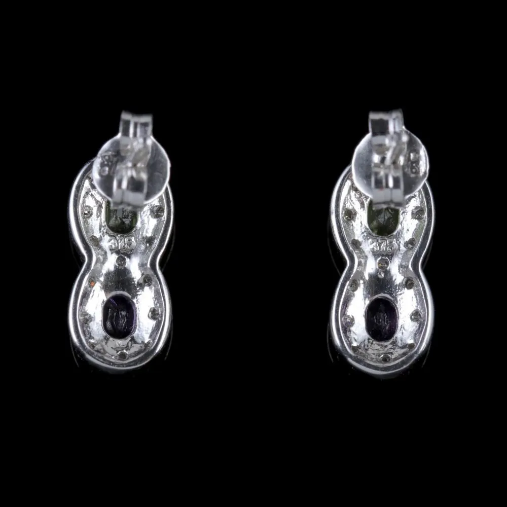 Suffragette Earrings 9Ct White Gold Amethyst Peridot Diamond