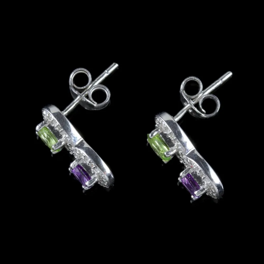 Suffragette Earrings 9Ct White Gold Amethyst Peridot Diamond