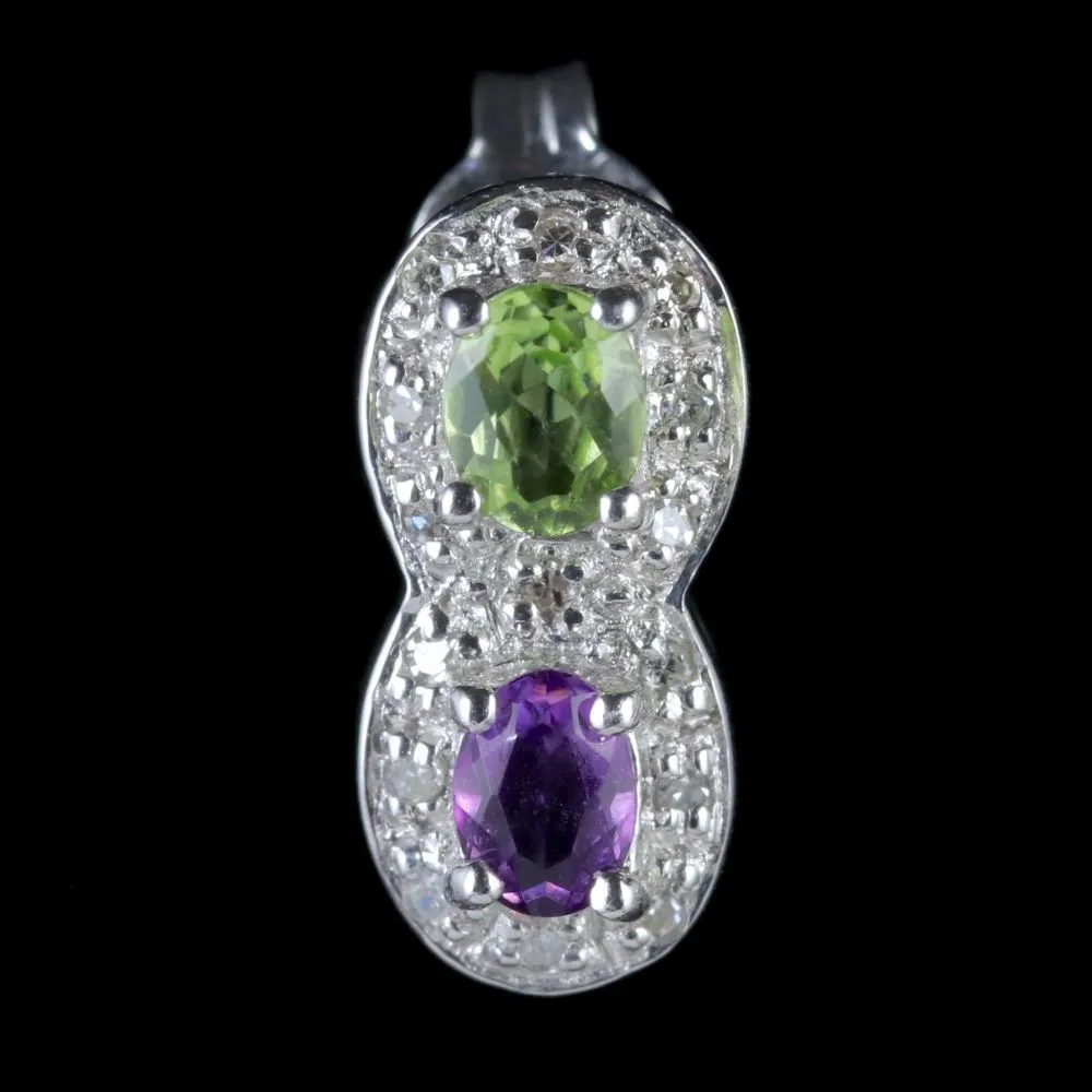 Suffragette Earrings 9Ct White Gold Amethyst Peridot Diamond