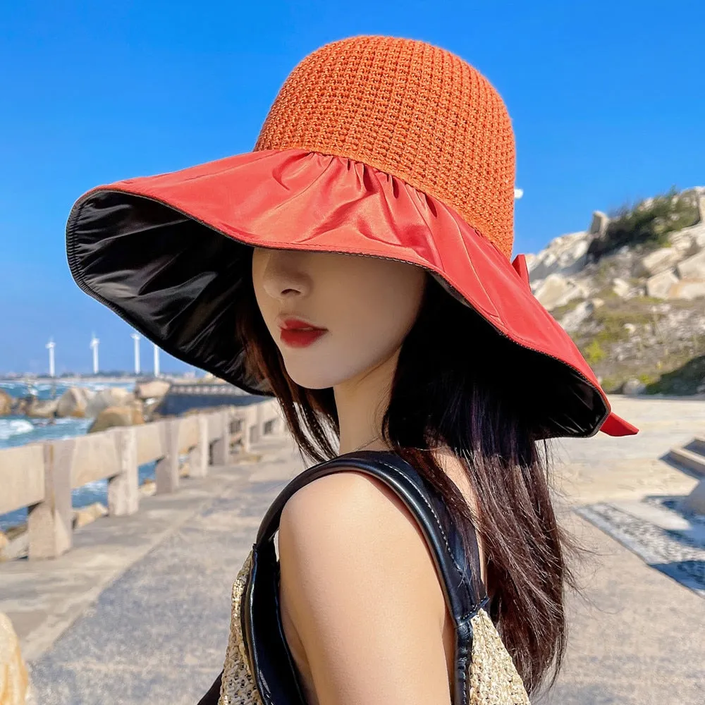 Summer Hats For Women Fashion Polka Dots  Bow Tie Design Straw Hat High Quality Sun Protection Sun Hat Travel Beach Hat
