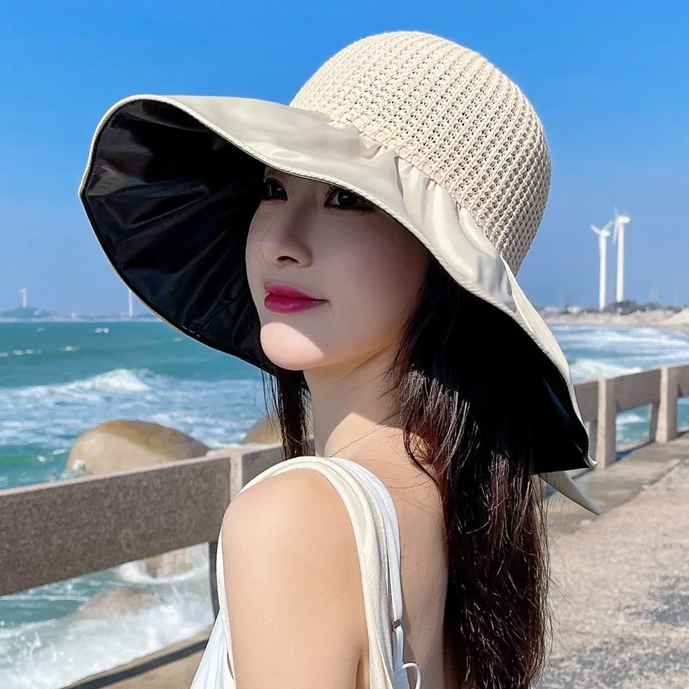 Summer Hats For Women Fashion Polka Dots  Bow Tie Design Straw Hat High Quality Sun Protection Sun Hat Travel Beach Hat