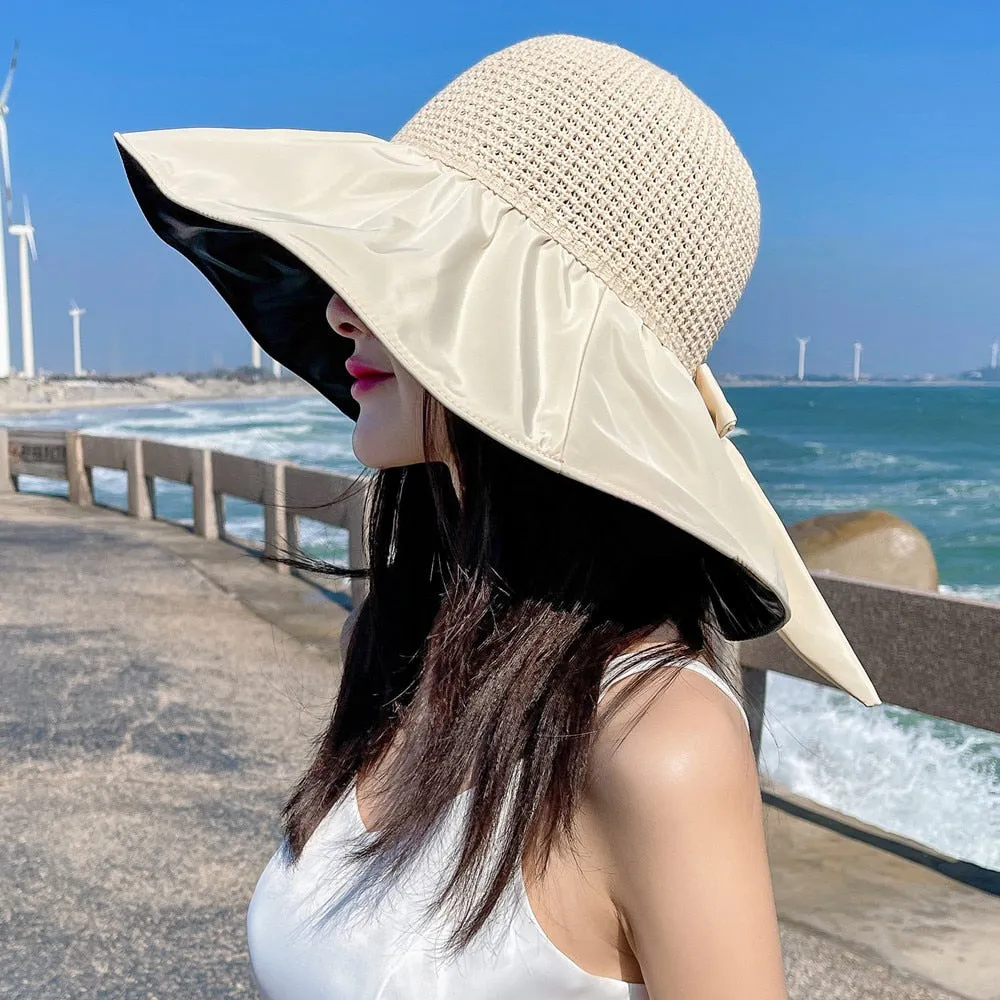Summer Hats For Women Fashion Polka Dots  Bow Tie Design Straw Hat High Quality Sun Protection Sun Hat Travel Beach Hat