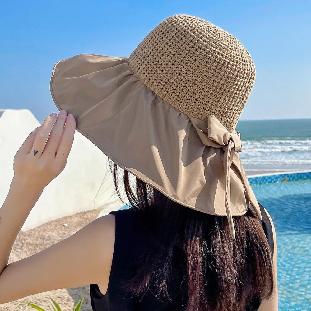 Summer Hats For Women Fashion Polka Dots  Bow Tie Design Straw Hat High Quality Sun Protection Sun Hat Travel Beach Hat
