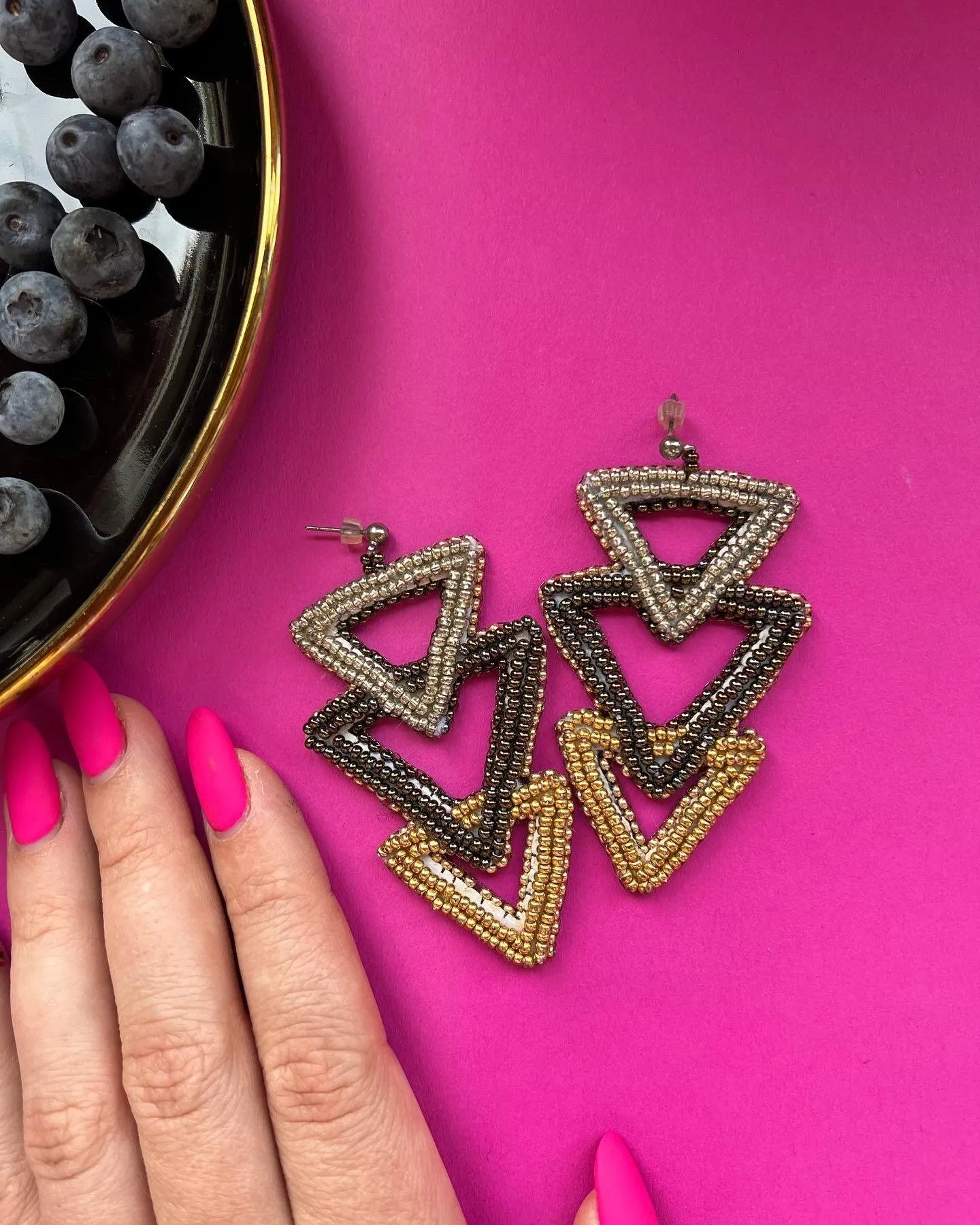 Triangle Evil Eye Earrings Black and Gold Infinity Cool Earrings