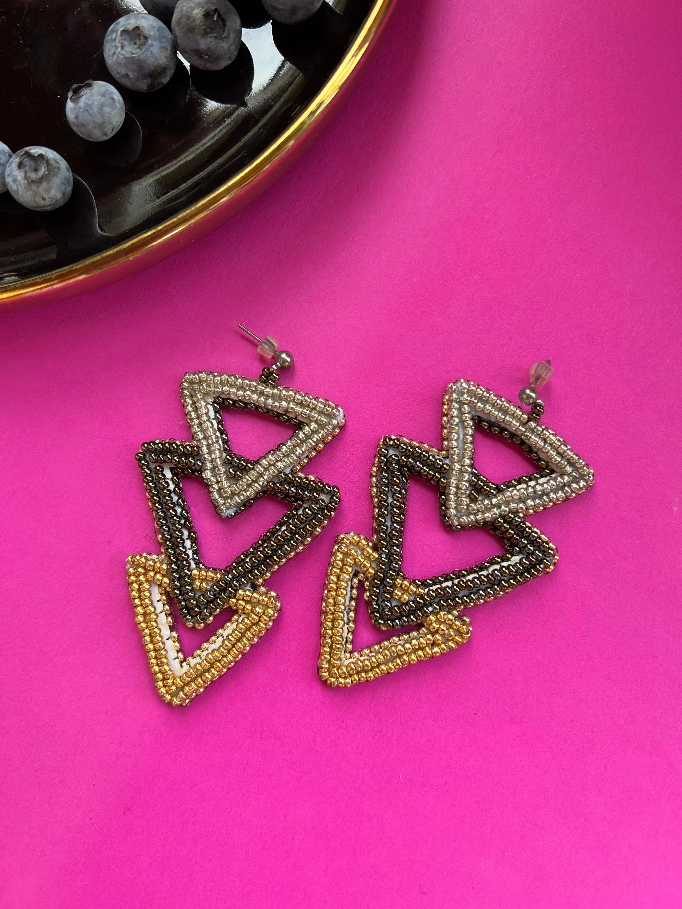 Triangle Evil Eye Earrings Black and Gold Infinity Cool Earrings