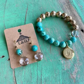 Turquoise and Gold Lava Bracelet and Earrings Set