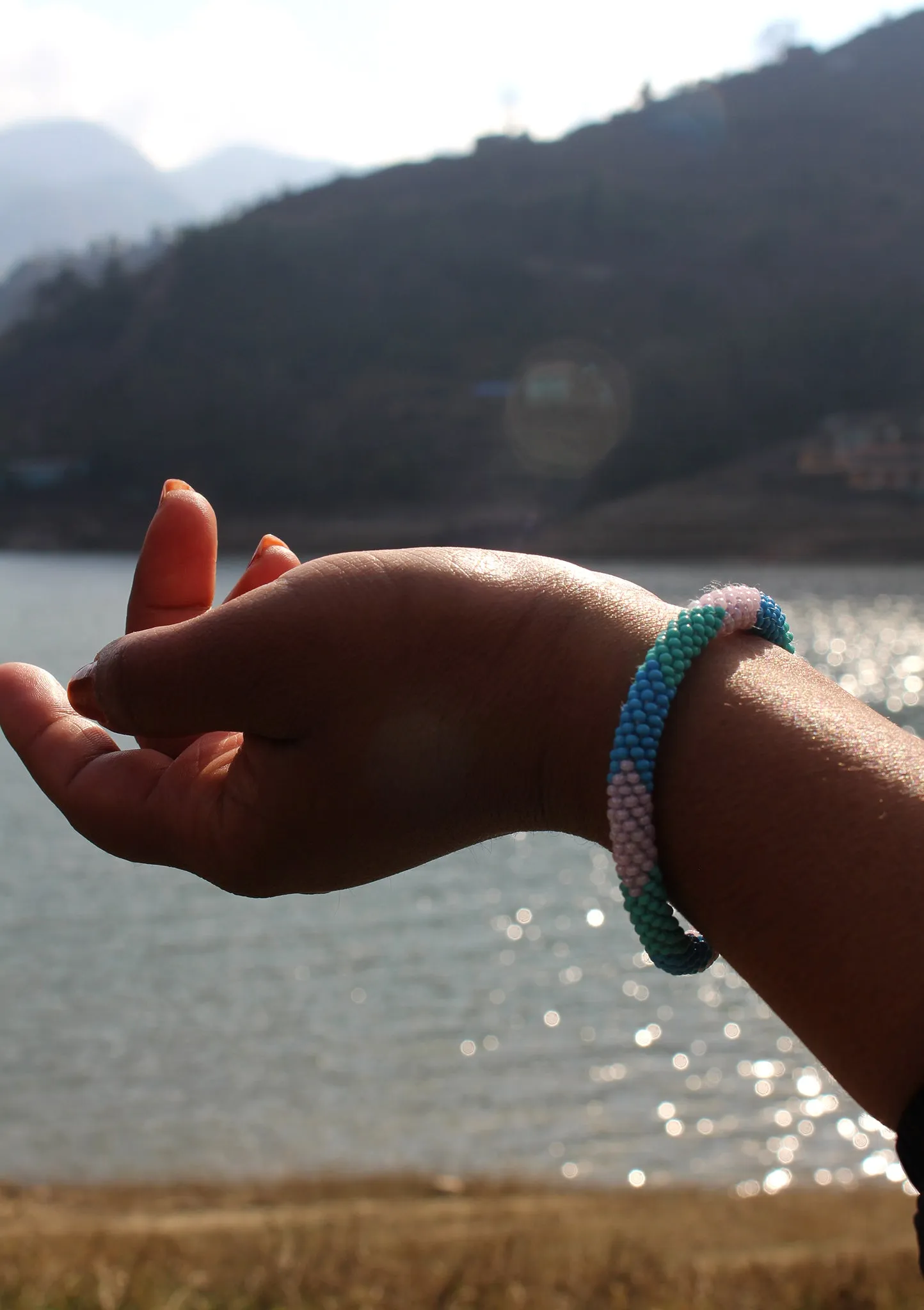 Turquoise, Blue & Pink Mixed Beads Nepalese Roll on Bracelet
