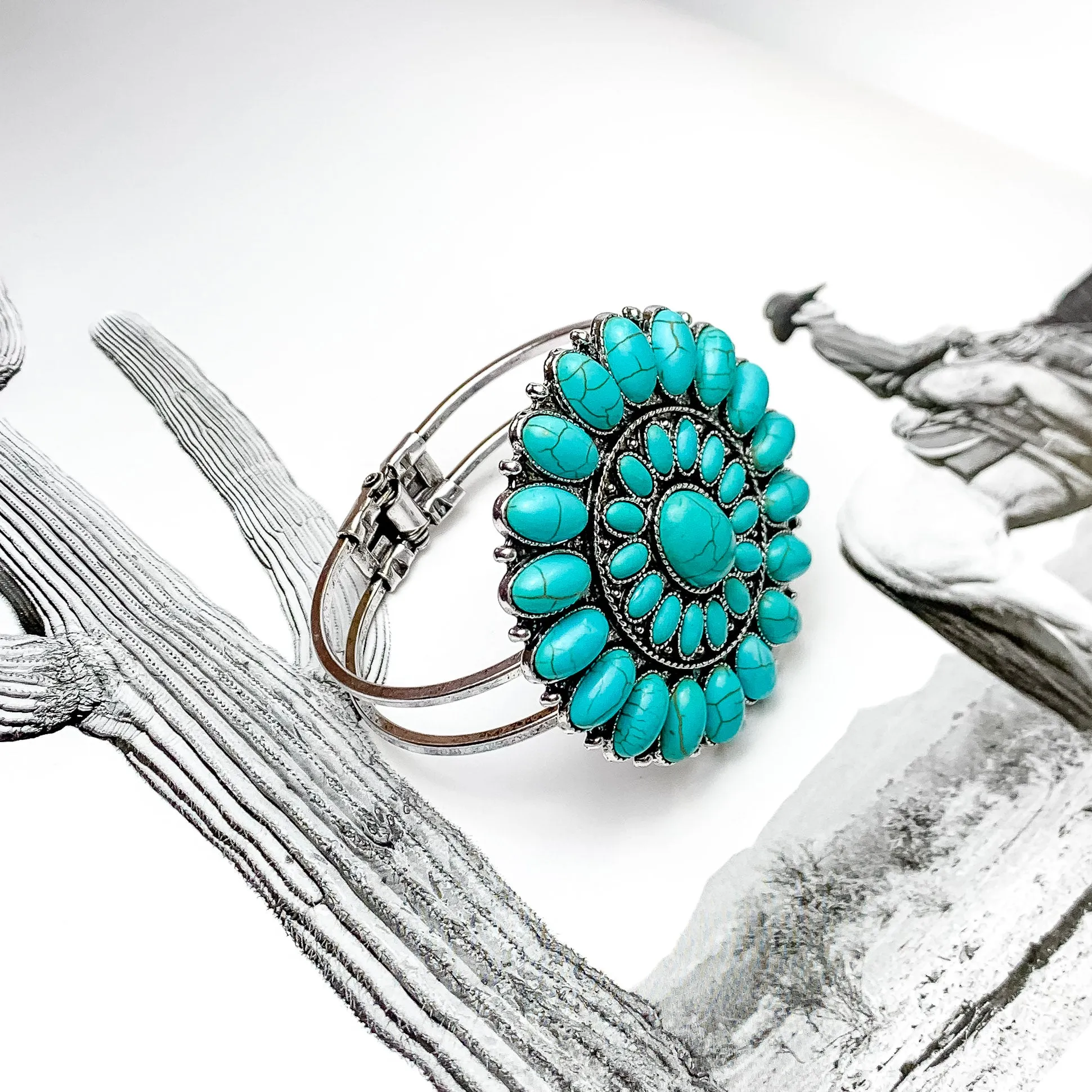 Turquoise Oval Stone Concho Hinge Cuff Bracelet