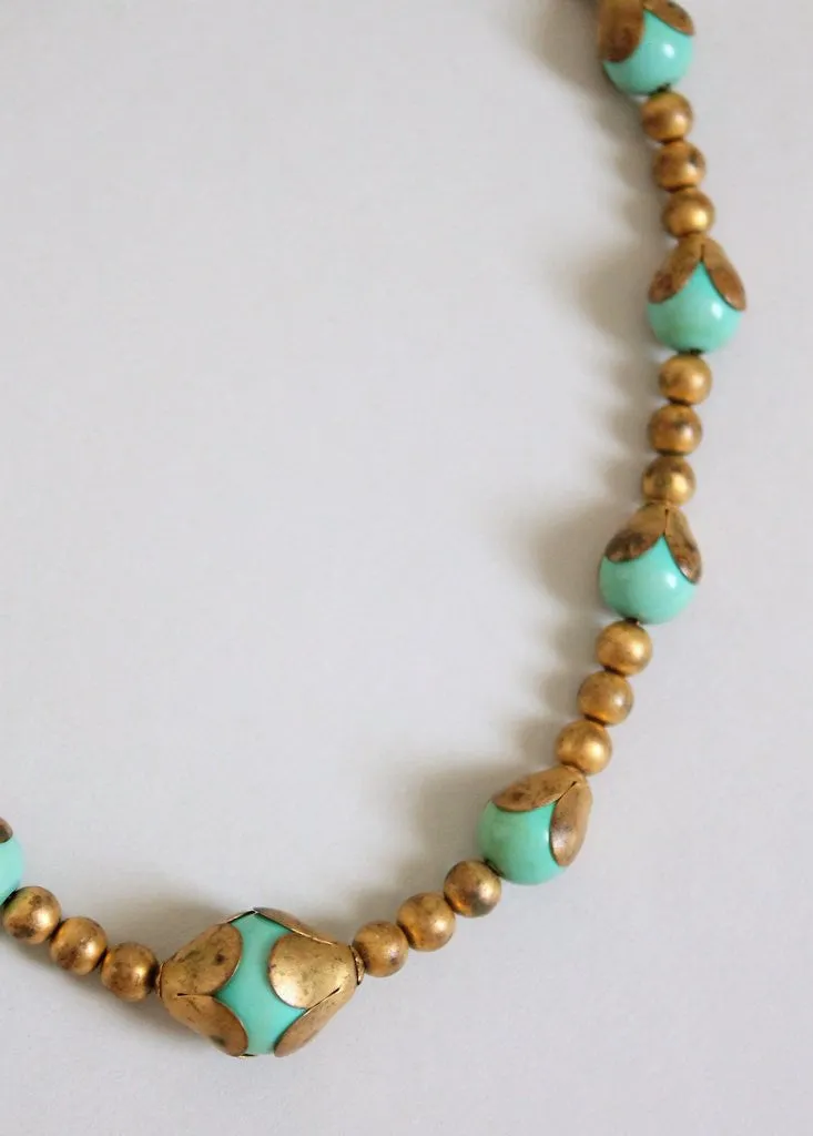 Vintage 1930s Jade Glass and Brass Choker Necklace
