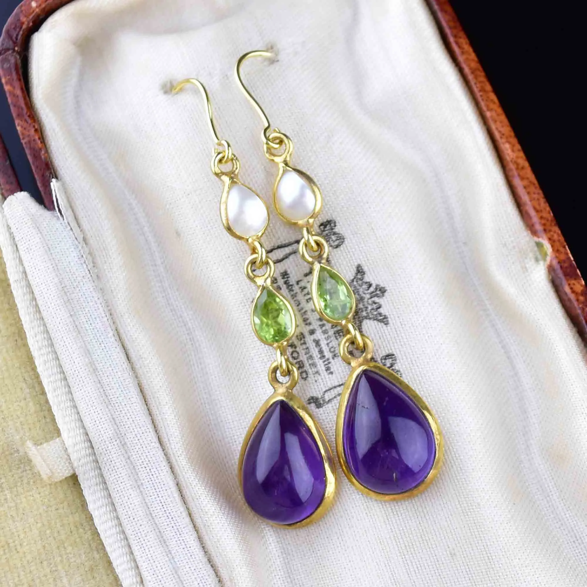 Vintage Gold Peridot Pearl Amethyst Suffragette Earrings