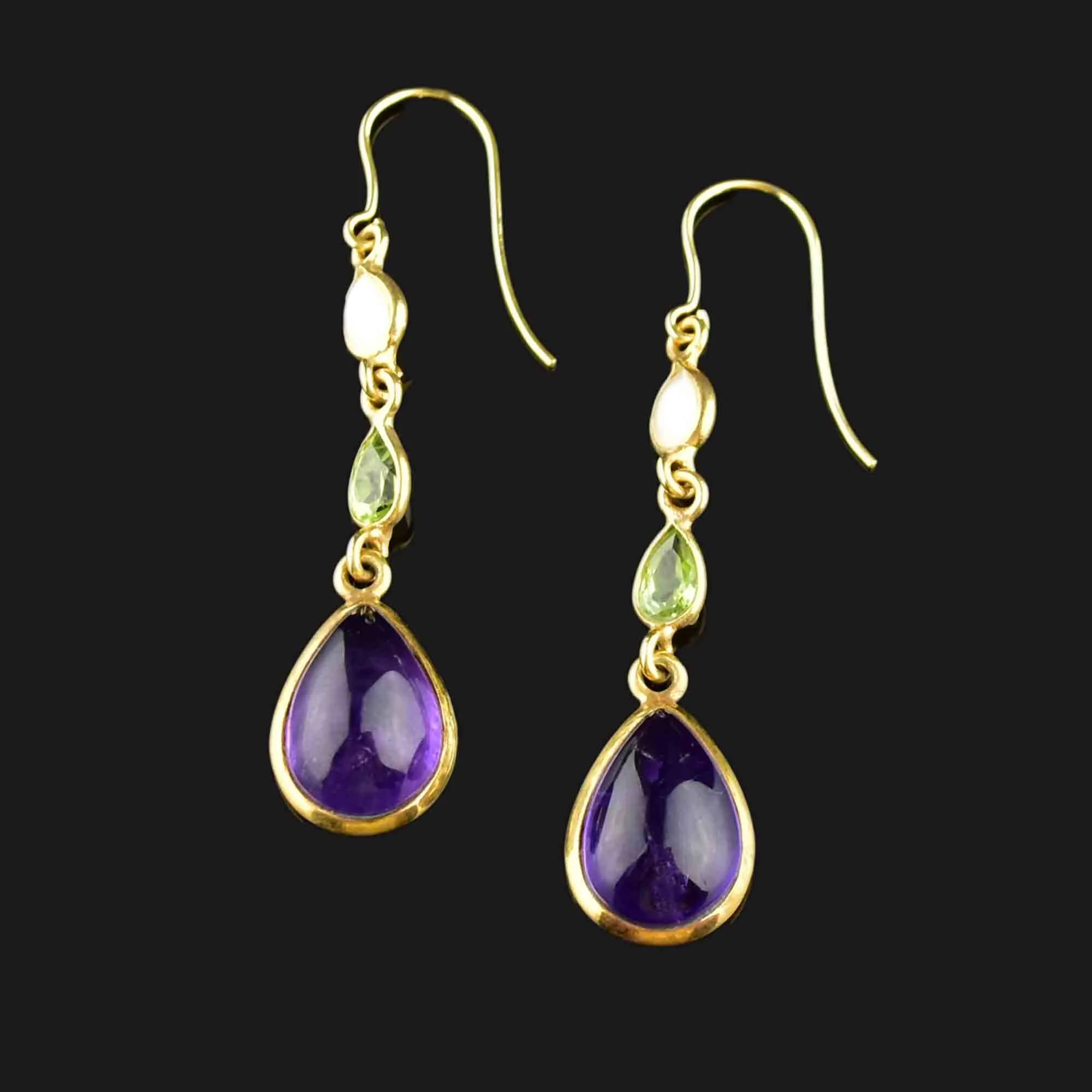 Vintage Gold Peridot Pearl Amethyst Suffragette Earrings