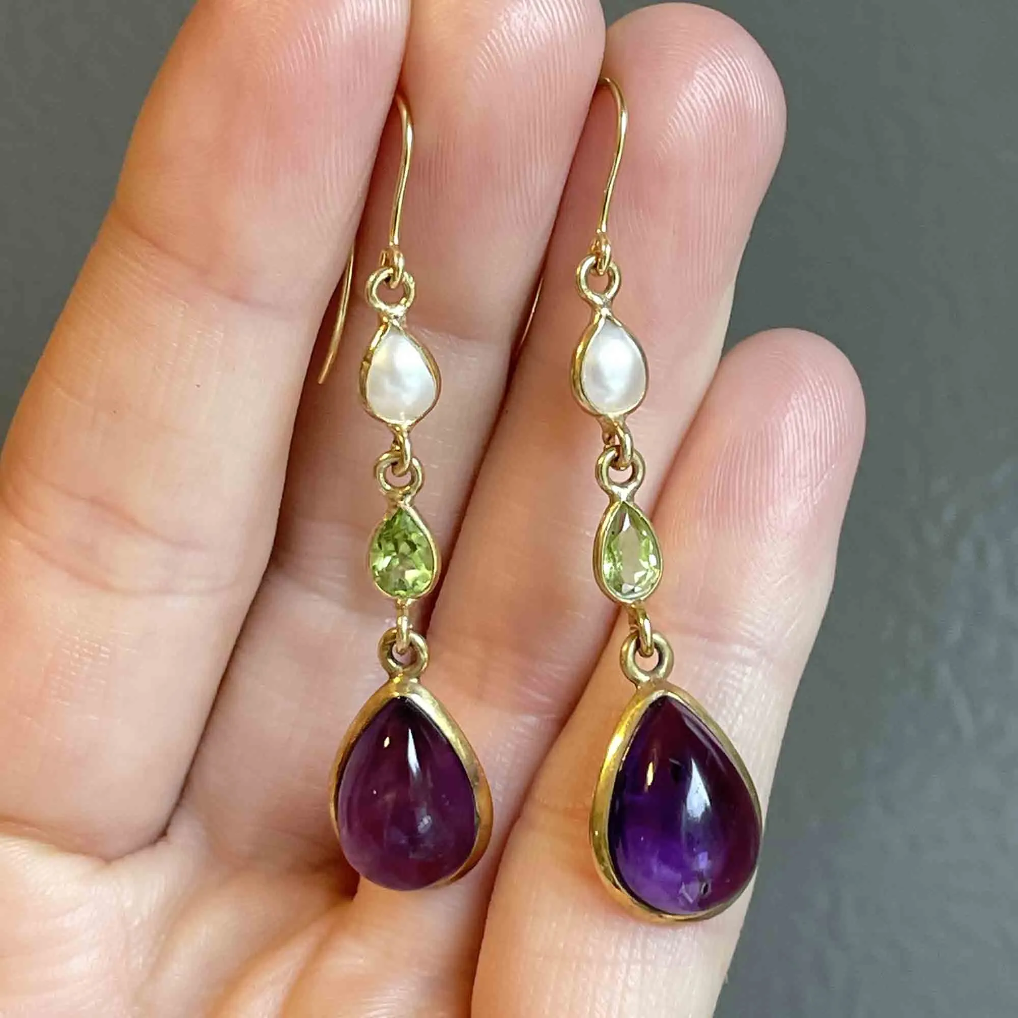 Vintage Gold Peridot Pearl Amethyst Suffragette Earrings