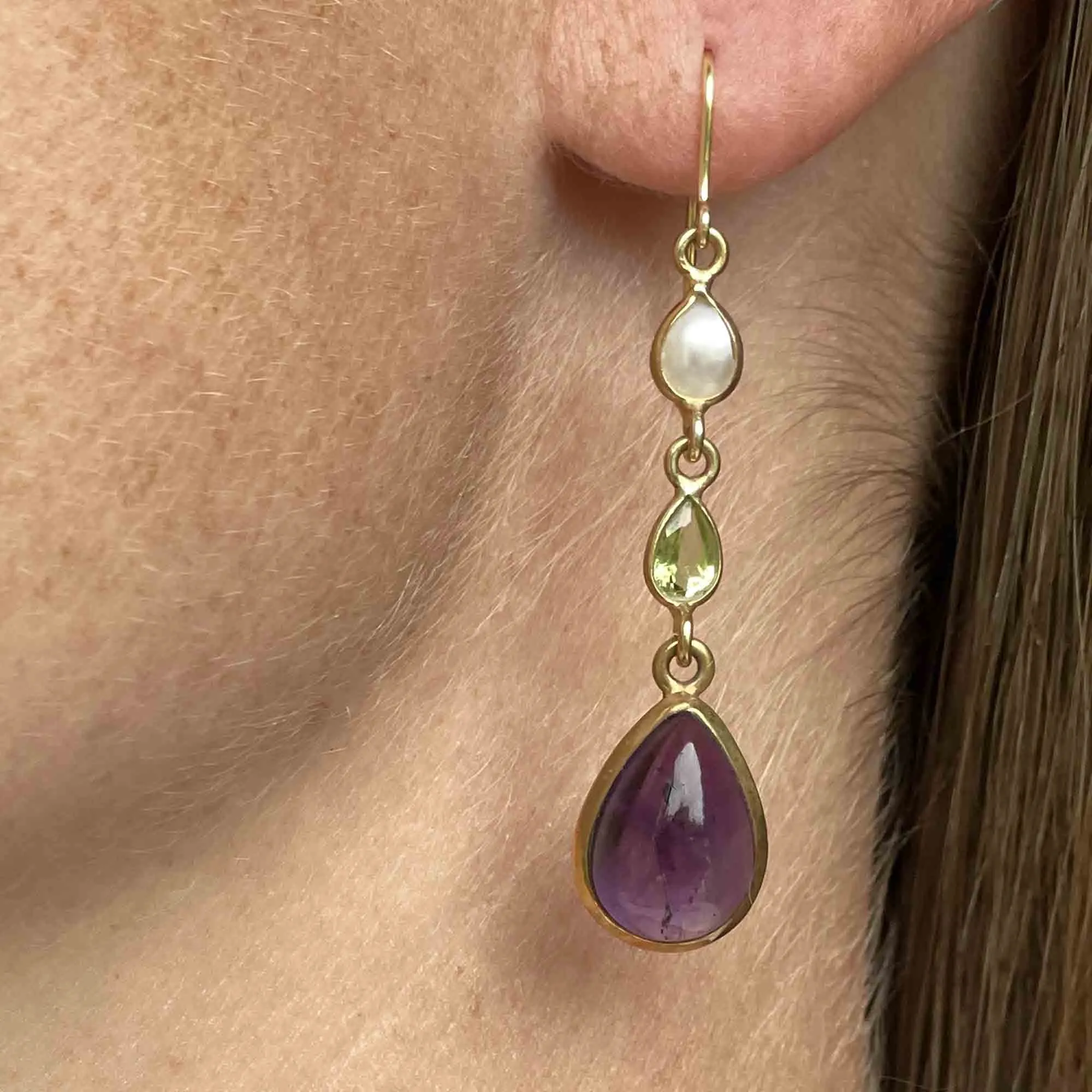 Vintage Gold Peridot Pearl Amethyst Suffragette Earrings