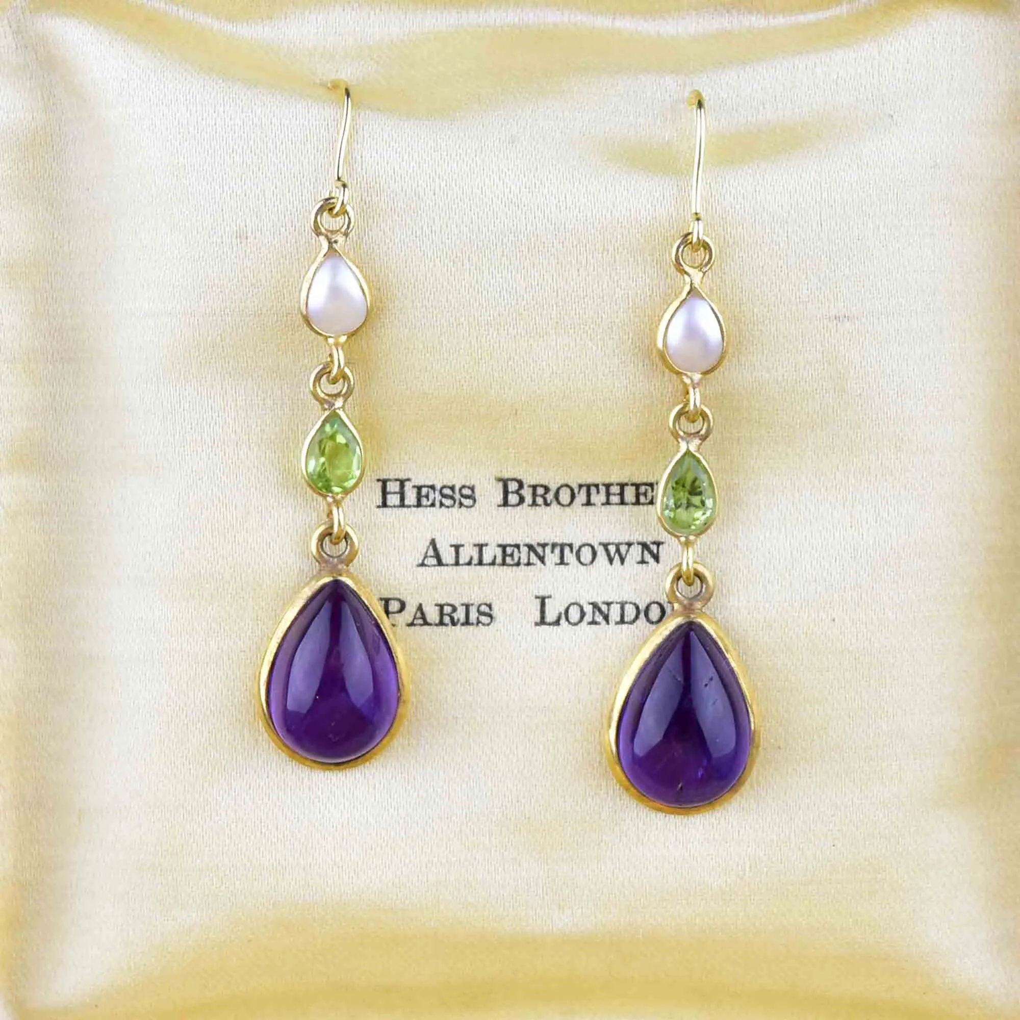 Vintage Gold Peridot Pearl Amethyst Suffragette Earrings