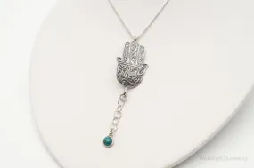 Vintage Israel Designer RL Hamsa Hand Turquoise Sterling Silver Necklace