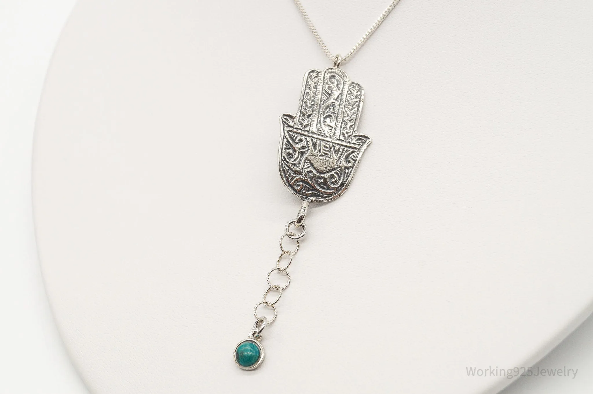 Vintage Israel Designer RL Hamsa Hand Turquoise Sterling Silver Necklace