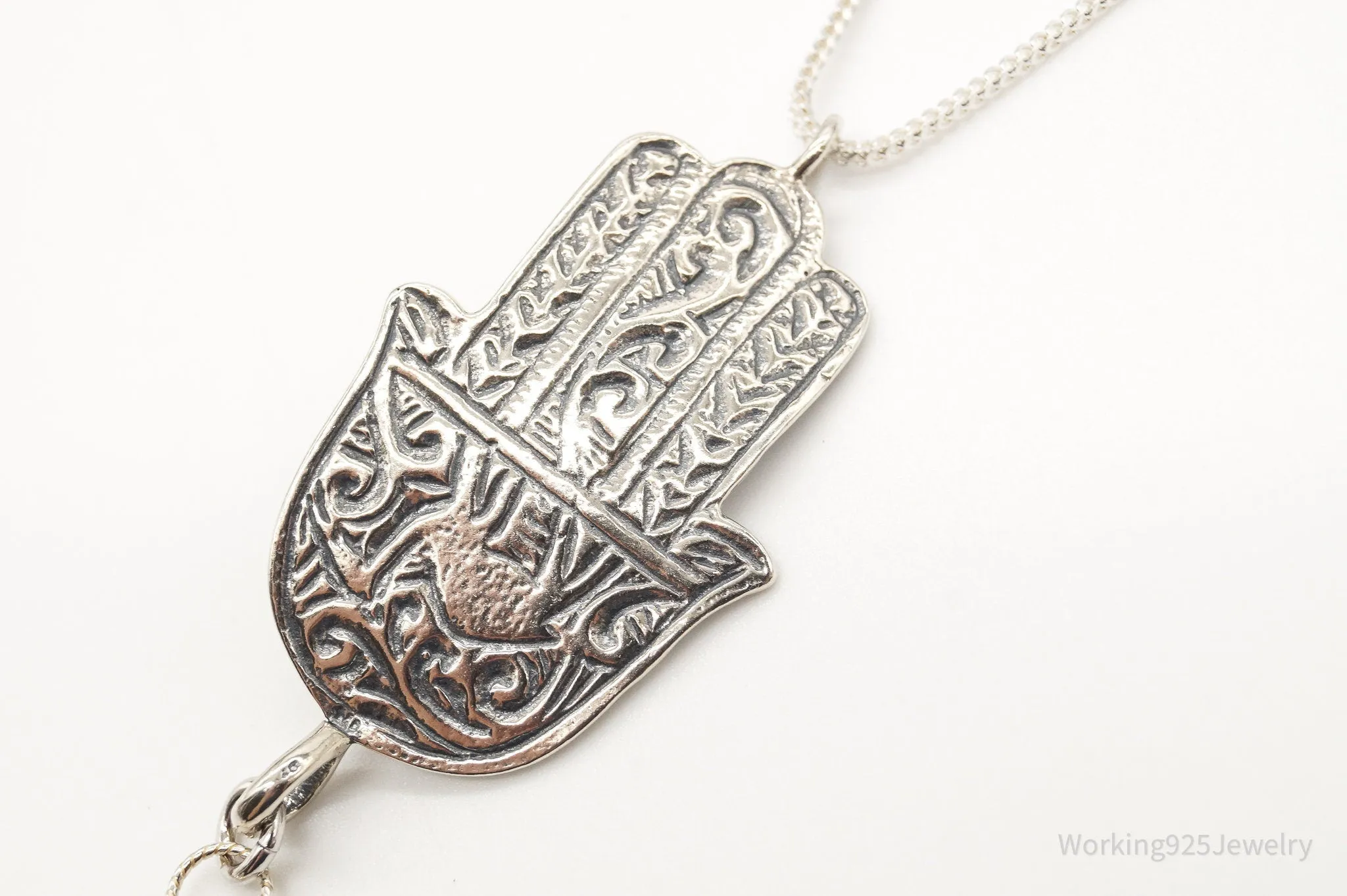 Vintage Israel Designer RL Hamsa Hand Turquoise Sterling Silver Necklace