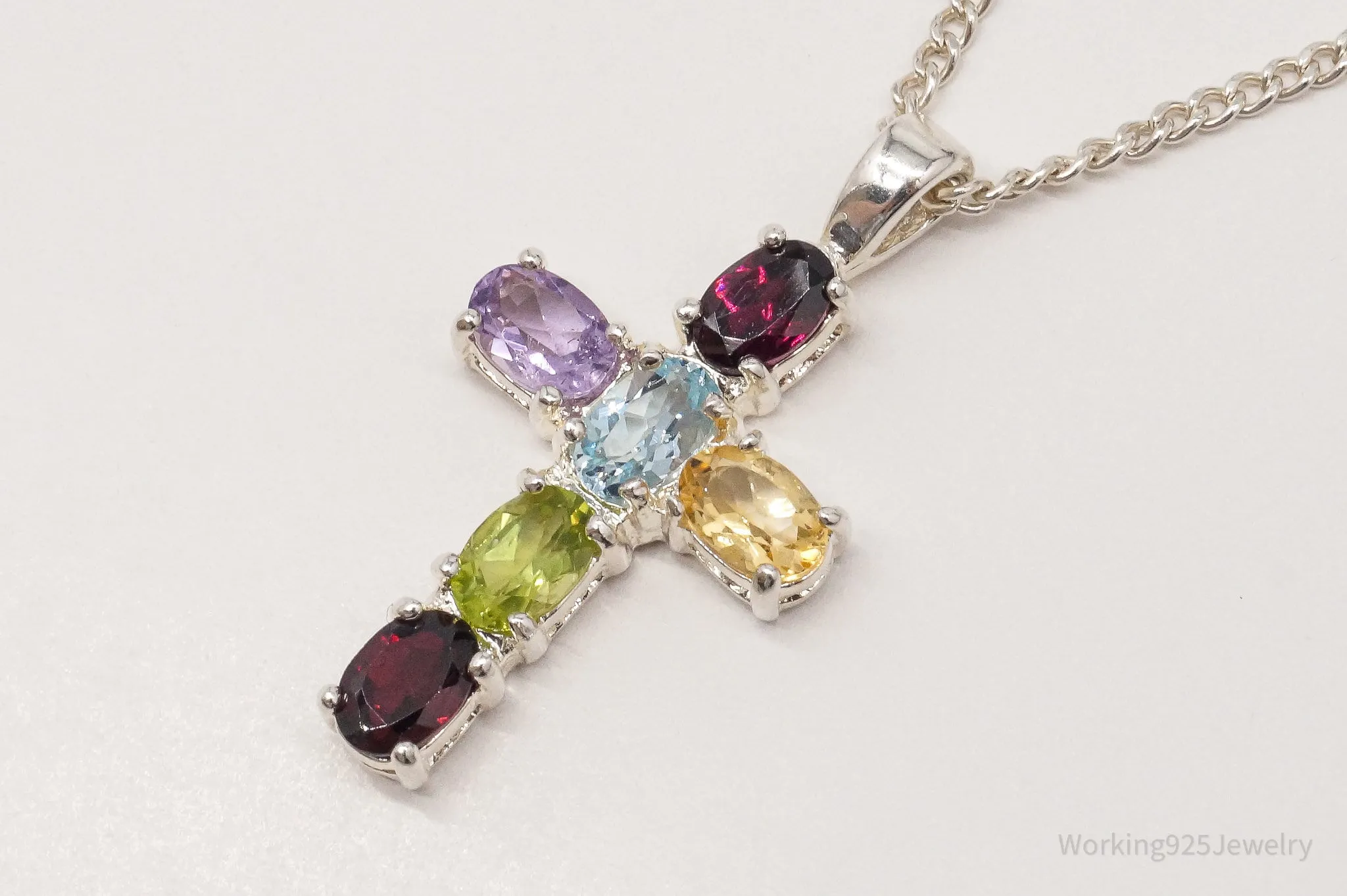 Vintage Multi Gemstone Cross Sterling Silver Necklace 16"