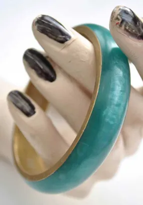 Vintage Turquoise Pearlescent Resin and Brass Bangle • Brass Bracelet