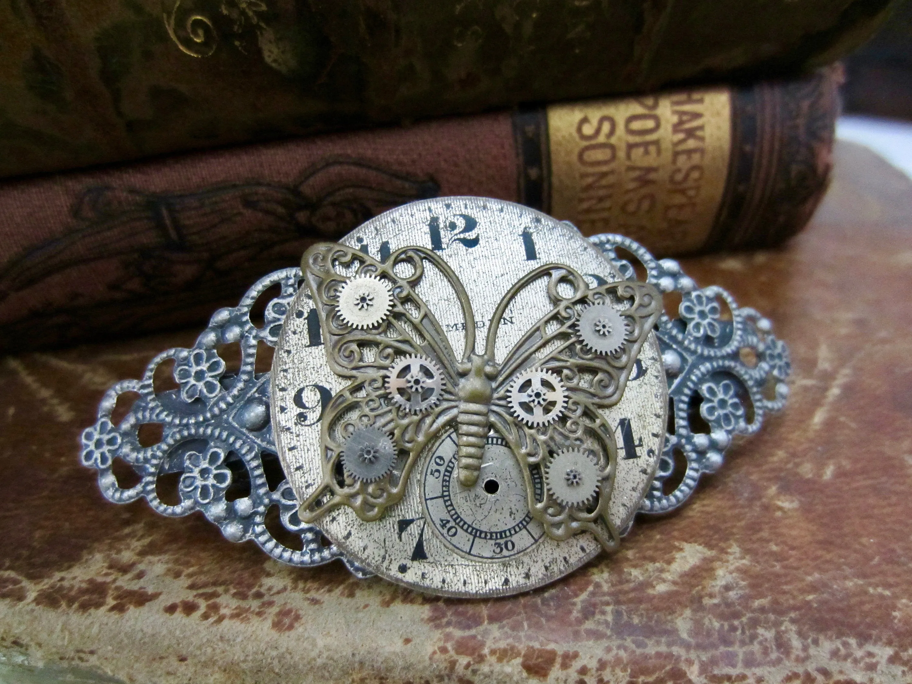 Vintage watch parts and Butterfly BARRETTE - Hair Barrette - Hair Clip - Steampunk - Hair Clips- Hair Accessories - One of a kind - unique